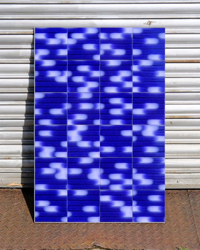 panel of graphic patterned tile in blue and white