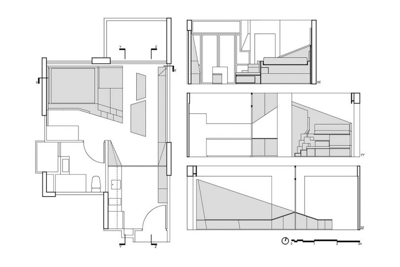 sketch of multipurpose bed structure for small apartment
