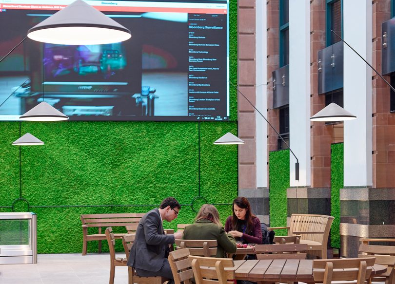 acoustic wall made out of preserved greenery in a public space with tables, chairs, and people
