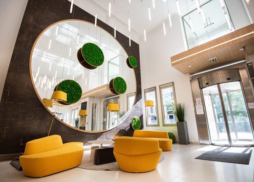 round hanging preserved greenery acoustic solution in lobby with yellow armchairs
