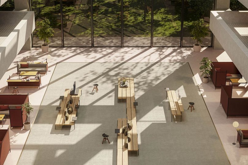 rendering of communal space with a multitude of seating