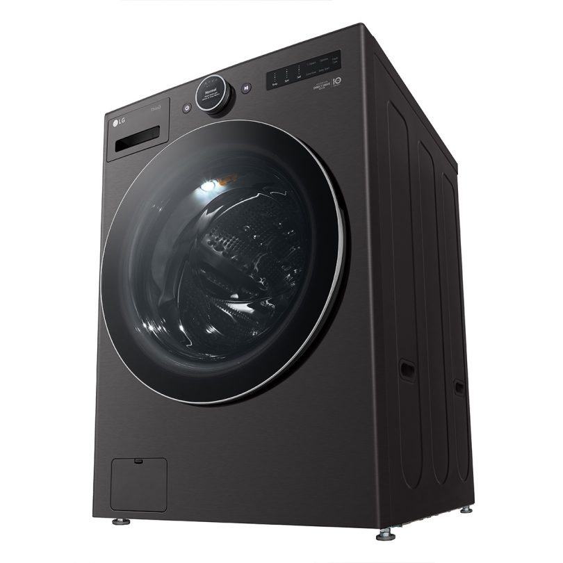 black front load washer on white background