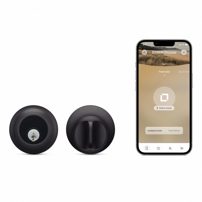 Level Lock+ deadbolt front and back shown in matte black finish with iPhone and Level app to the right