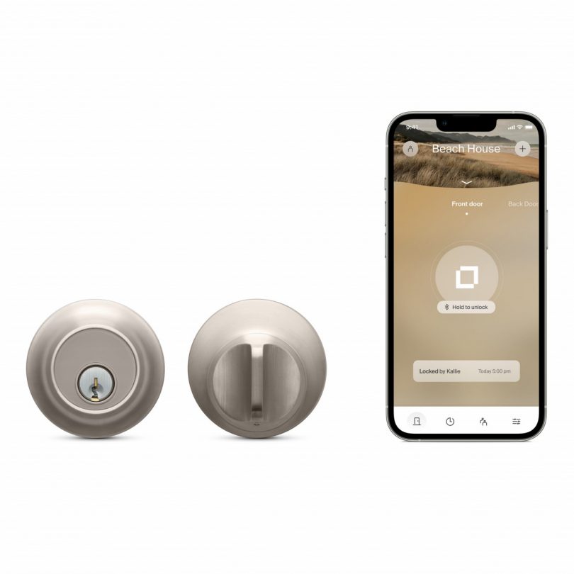 Level Lock+ deadbolt front and back shown in gray finish with iPhone and Level app to the right