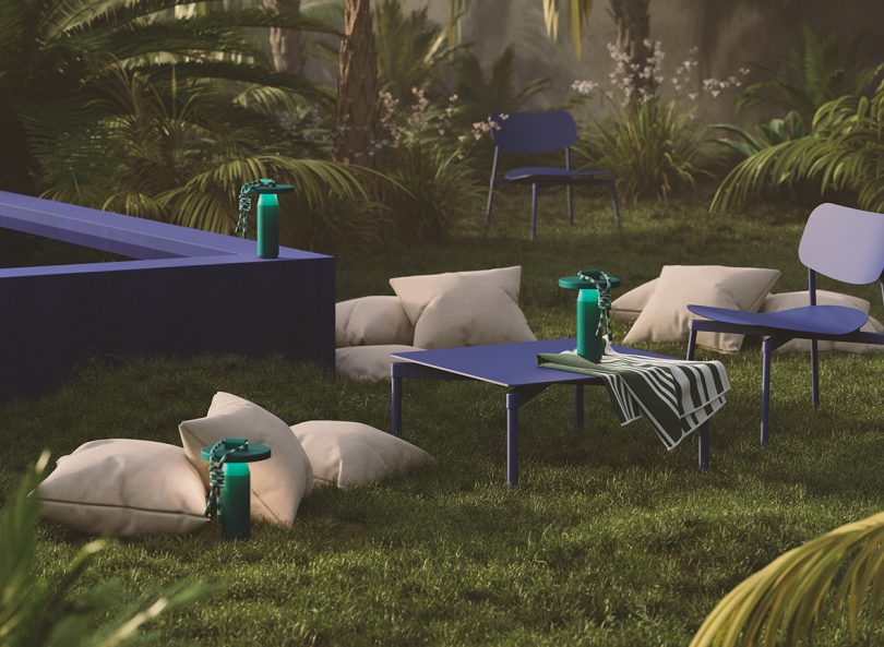 grassy area next to swimming pool with overstuffed furniture and lamps