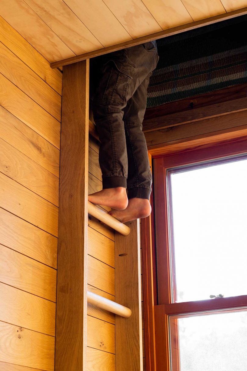 look up to wall ladder with bottom half of person climbing to attic