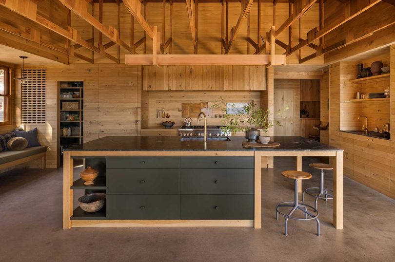 view of modern mountain kitchen with wood details