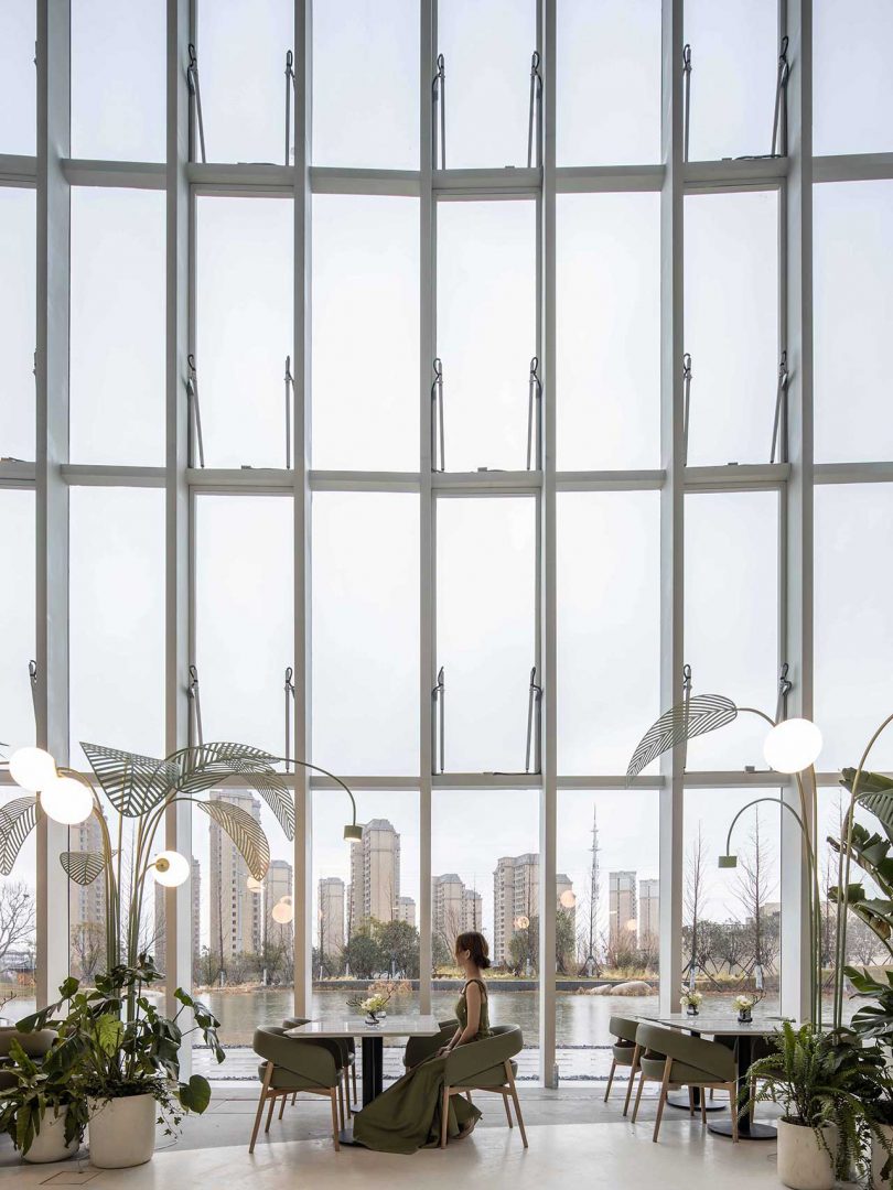 عکس داخلی رستوران عظیم با سطوح سفید مواج، دیواری از پنجره ها و جنگلی از گیاهان
