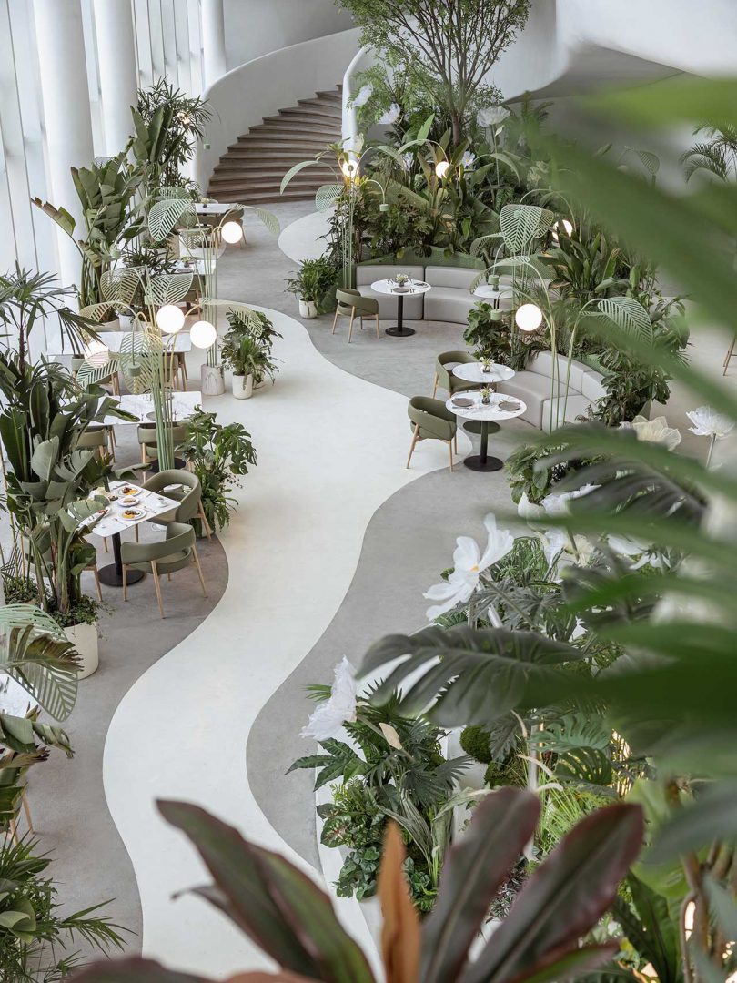 interior shot looking down at massive restaurant with undulating white surfaces and a forest of plants