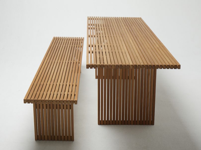 slat teak table and bench