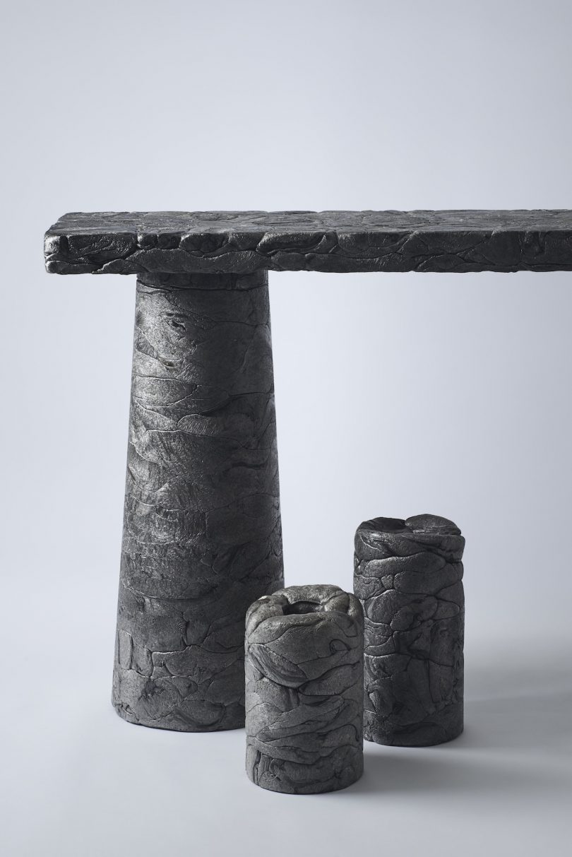 black styrofoam stools and table