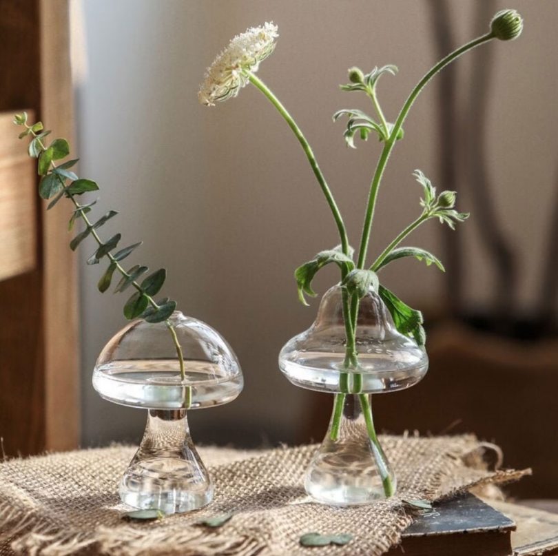 two clear glass mushroom-shaped vases with a flower and greenery
