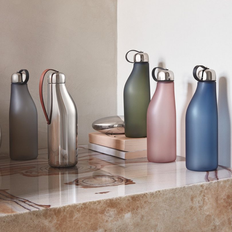 six colorful modern water bottles