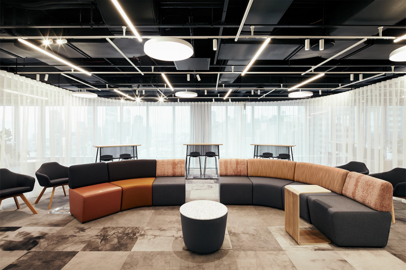 high design meeting space with a semicircular shaped group of modular seating