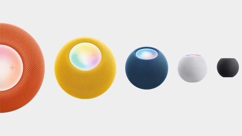 series of 5 Apple HomePod Mini speakers in each color rotated across screen