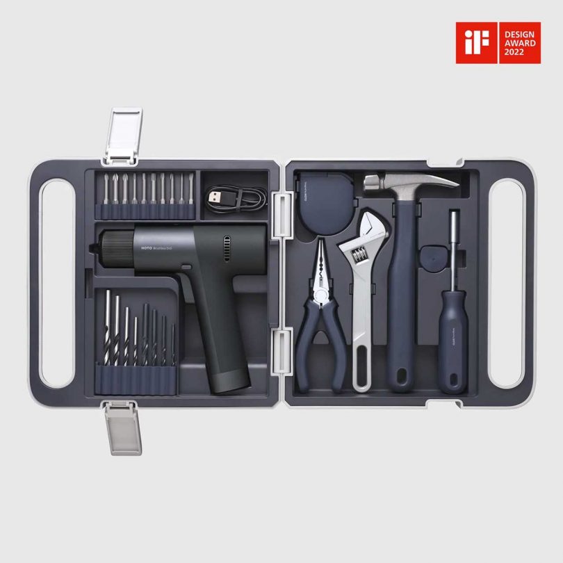 open case featuring modern tools like drill, screwdriver and wrench