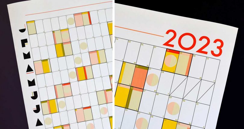 two part image showing closeup views of wall calendar in shades of red and yellow