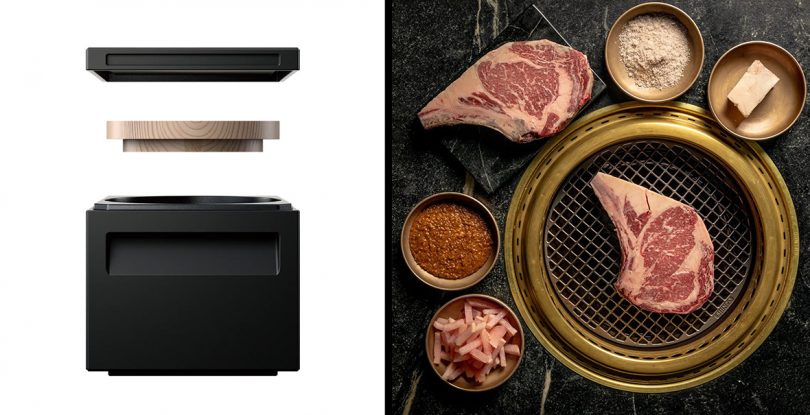 Left side shows Anaori kakugama cooking tool, right image showing Cote Korean BBQ on gas grill with uncooked steaks.