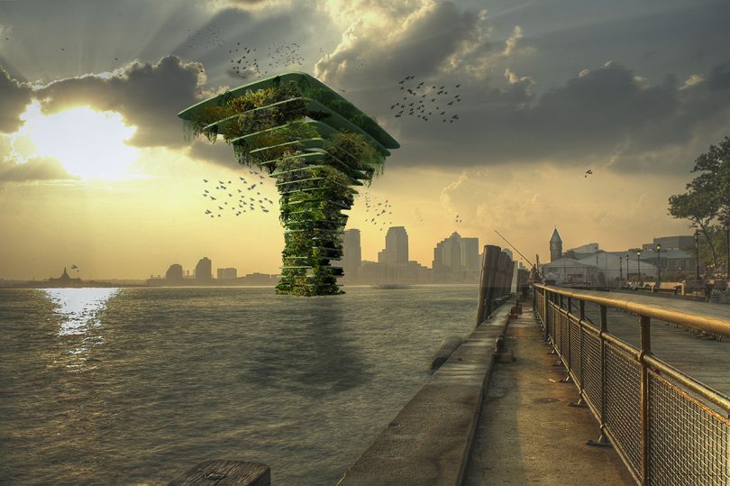 rendering of an inverted triangular-shaped building in the water with a skyline behind it