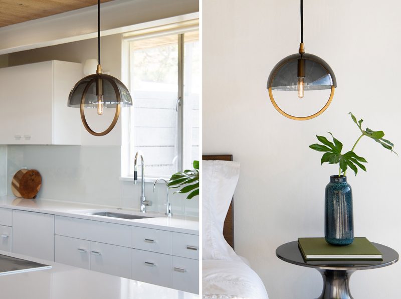 Examples of Copernica pendant in small and large editions in kitchen and bedroom settings.