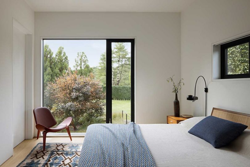 view of modern bedroom with large window