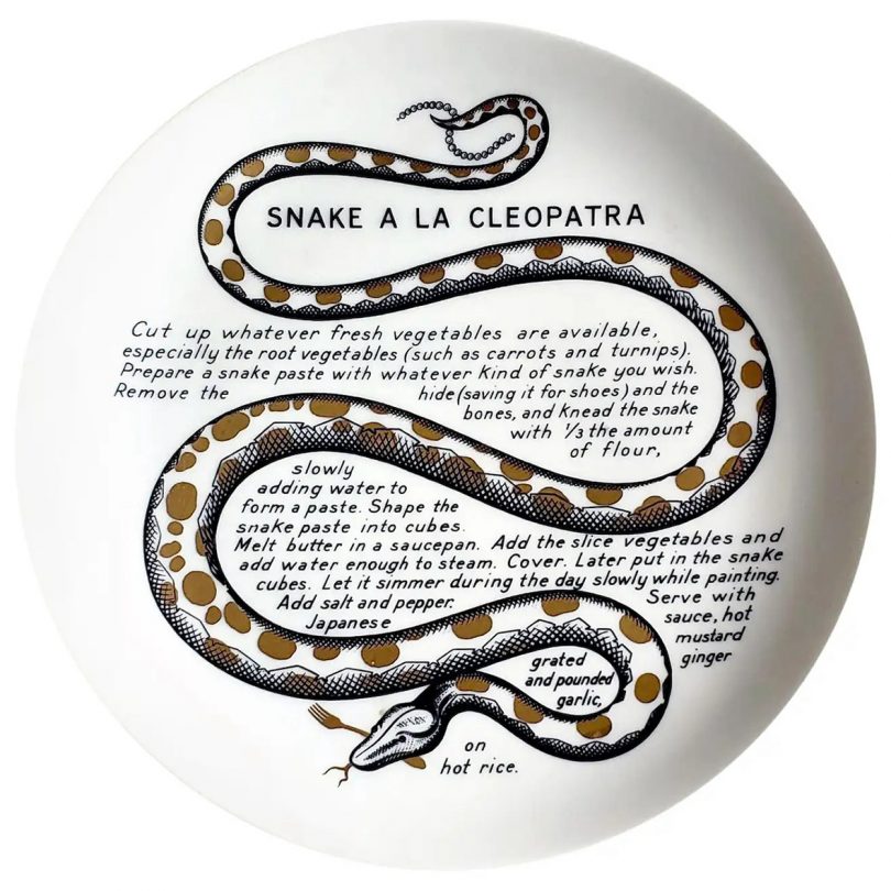 plate with an illustrated snake filled with text