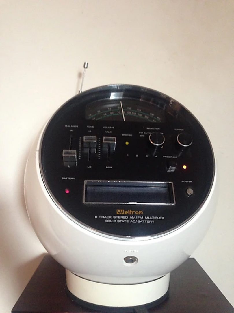 mid-century modern round black and white radio