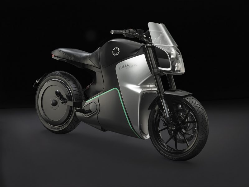 Side-angled profile view of FUELL Flllow electric motorscycle.
