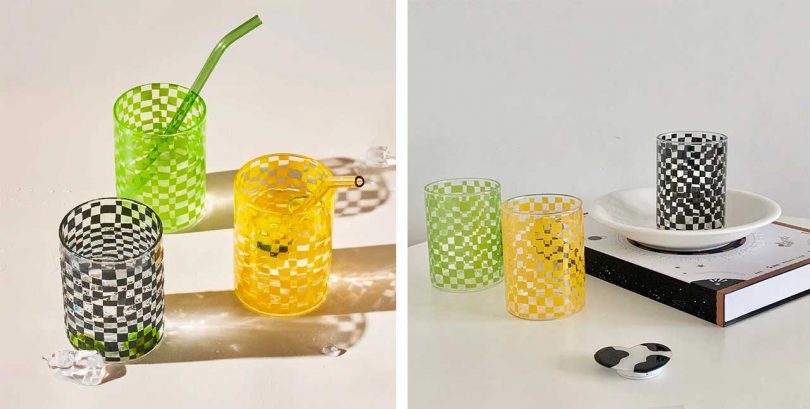 checkerboard glasses in black, yellow, and green