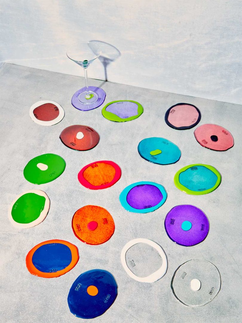 slanted shot of colorful round coasters