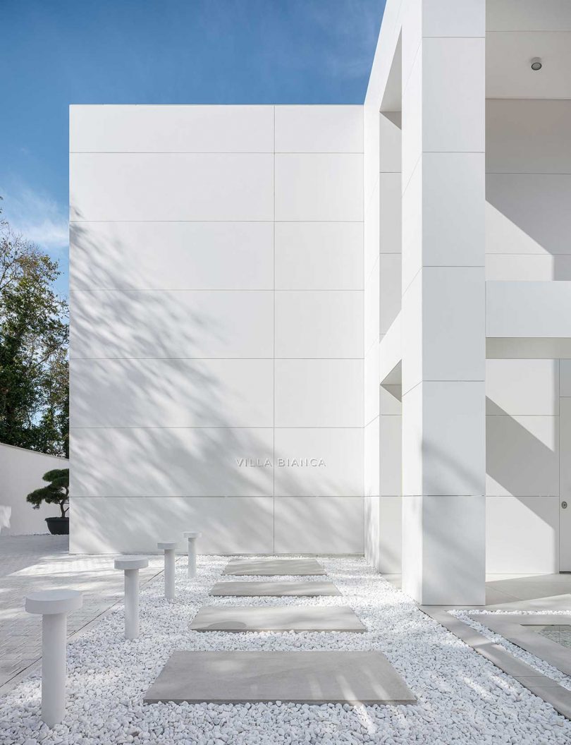 minimalist exterior of modern white house