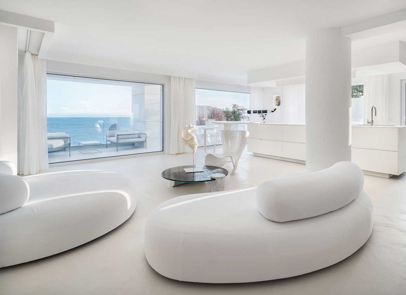 living room of minimalist interior of modern white house