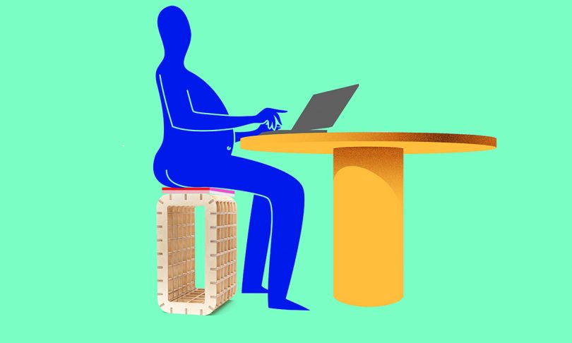 illustration of blue figure seated on a box-like structure pulled up to a table with a laptop