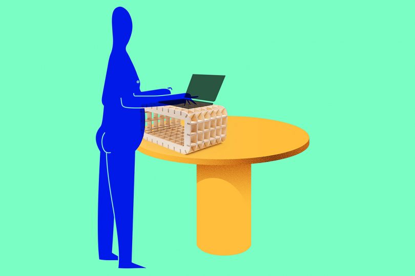 illustration of blue figure standing at a table with a laptop on a box-like structure