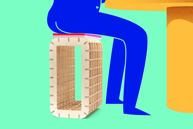 illustration of blue figure seated on a box-like structure pulled up to a table