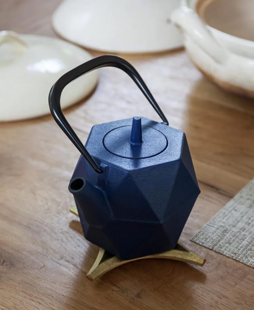 Navy blue hexagonal Japanese cast iron tea pot