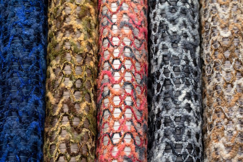 three colorways of an open weave upholstery pattern
