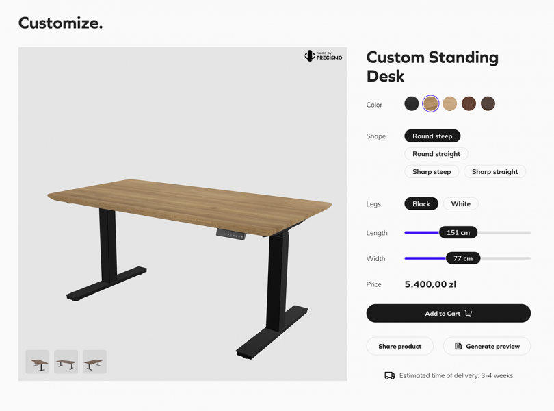 screen shot of a light wood and black office desk customizing tool