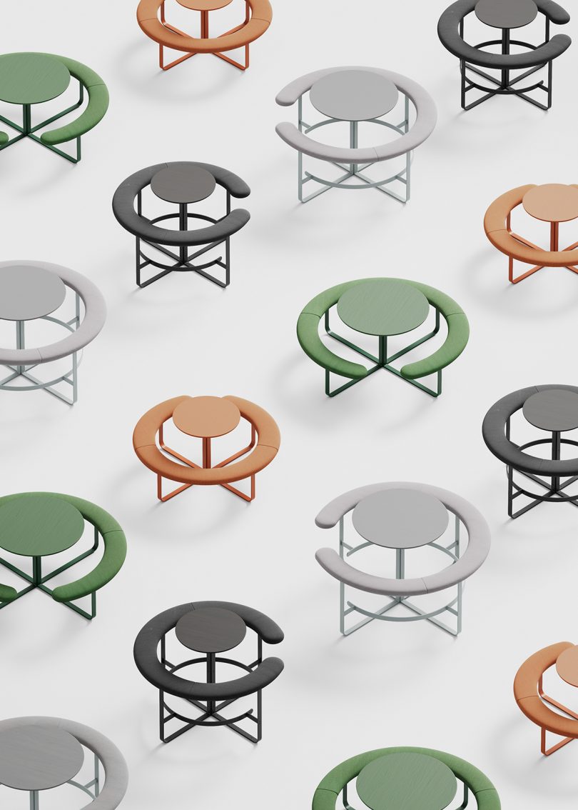 collage of circular tables surrounded by an attached circular benches on a white background