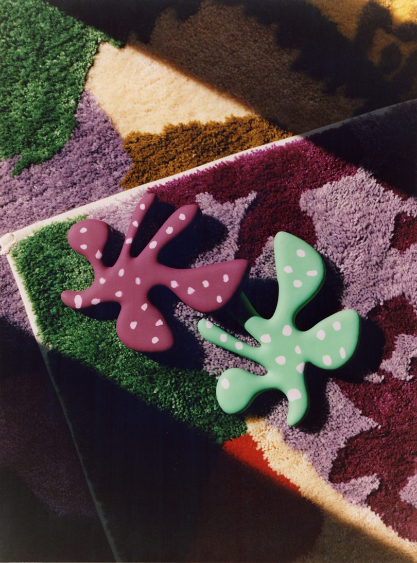 two abstract shaped dog toys on a colorful rug