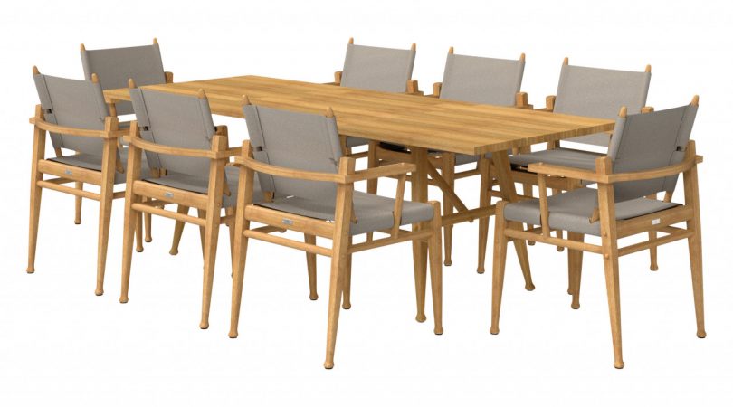 light wood outdoor dining table with six dining chairs