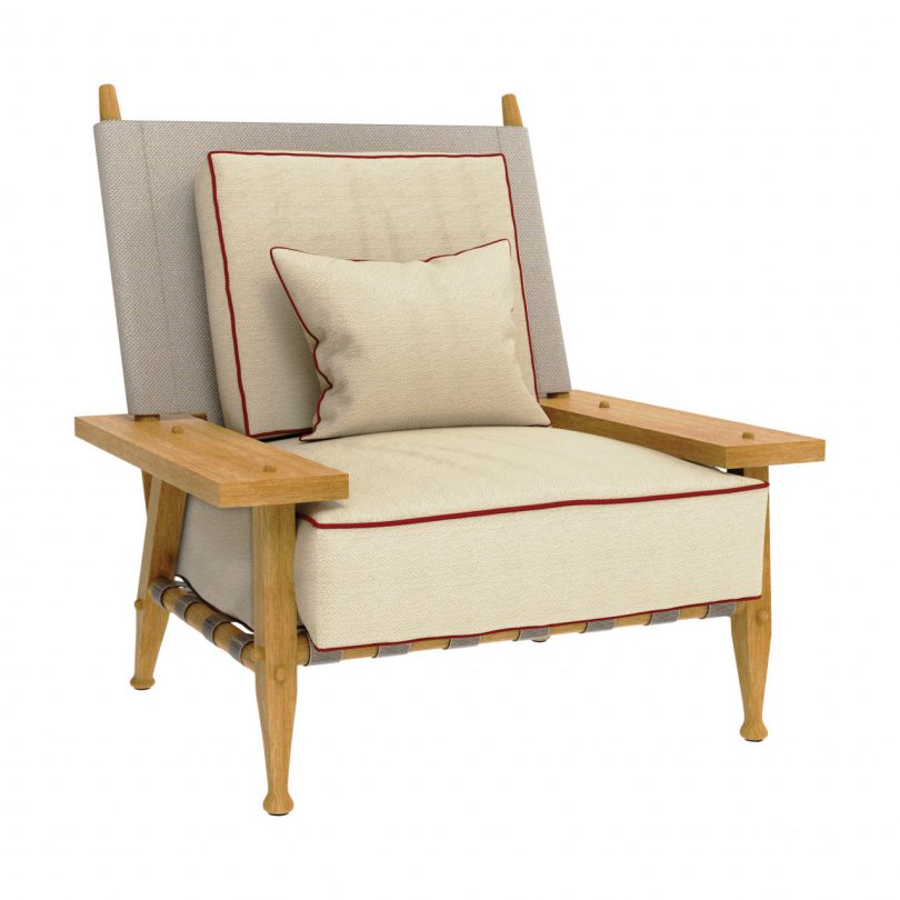 light wood and canvas outdoor armchair