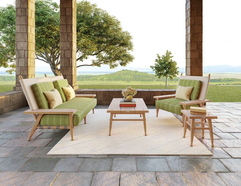 two-seater sofa, armchair, coffee table, side table outdoors