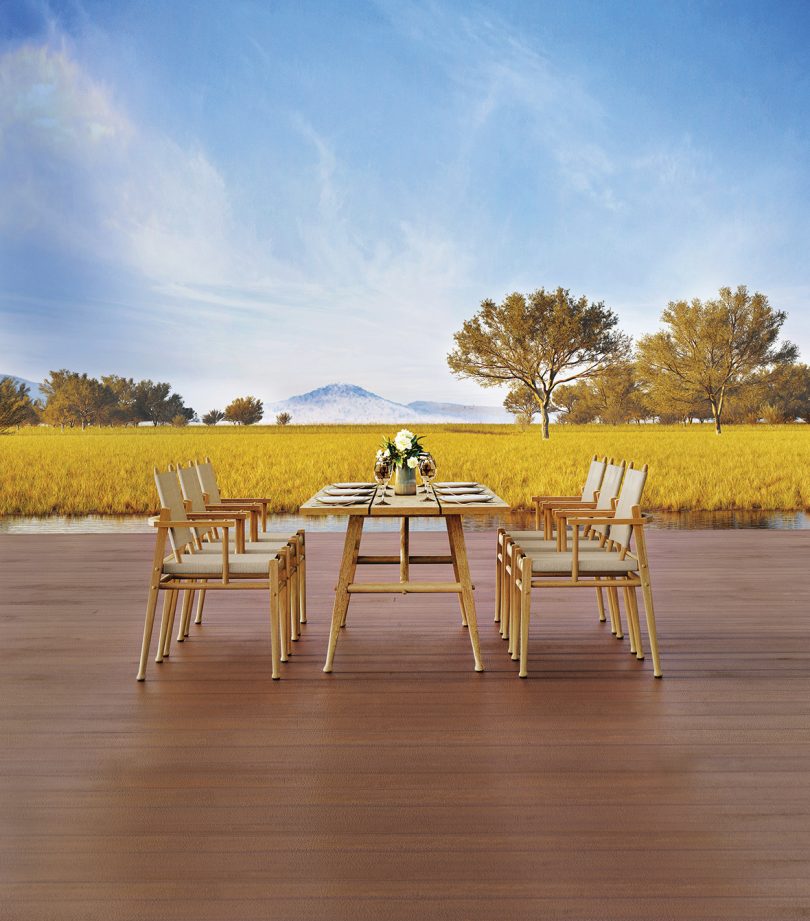 dining table and chairs outdoors on a deck