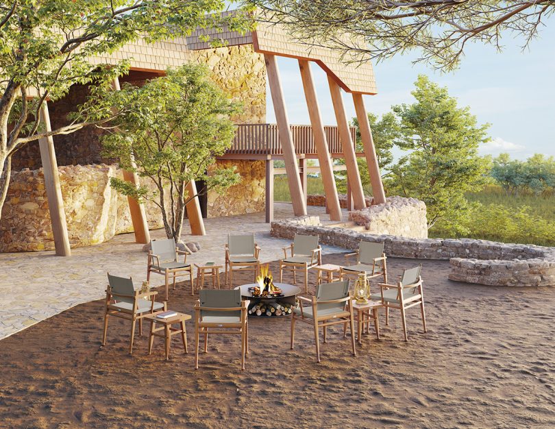 outdoor chairs forming a circle around a firepit
