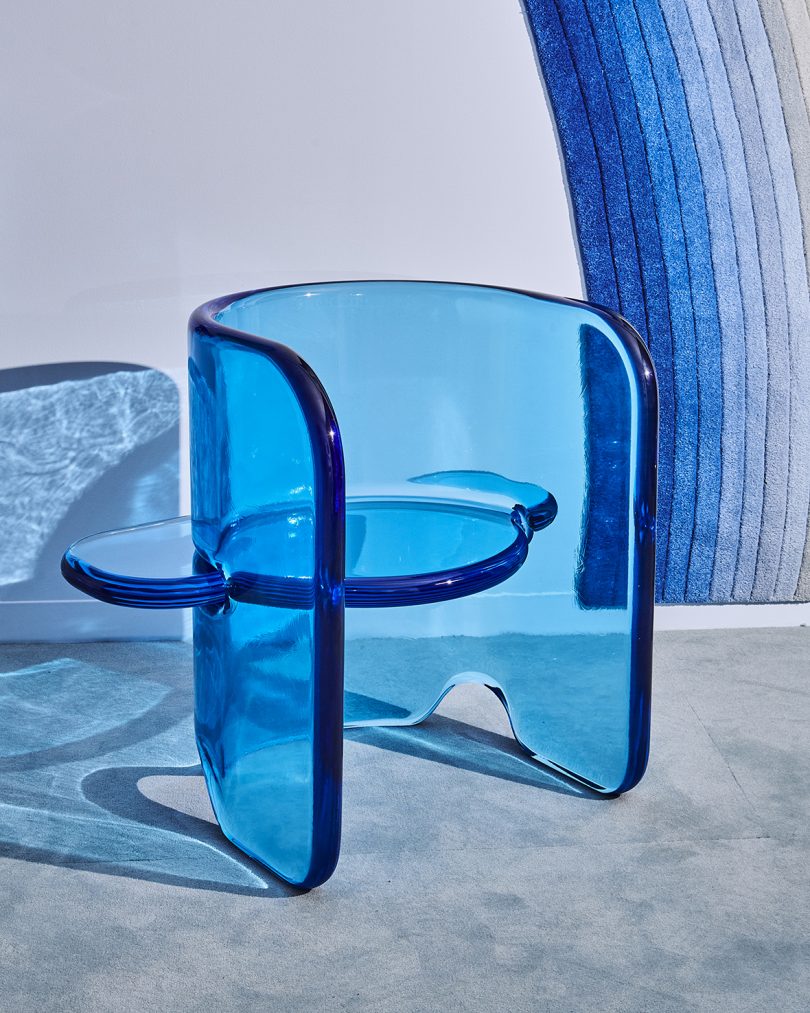 blue armchair at a blue-themed exhibition