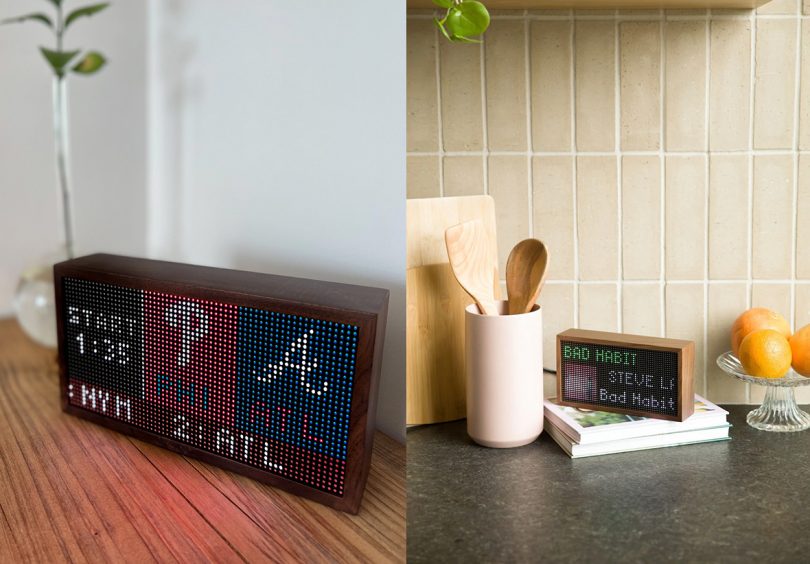 Side by side photos of the Tidbyt displaying baseball scores on the left, and Spotify song on right in a kitchen setting. 