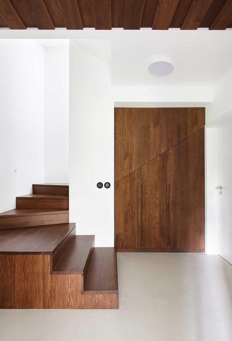 entryway of modern apartment with dark wood door, dark wood stairs, and white walls