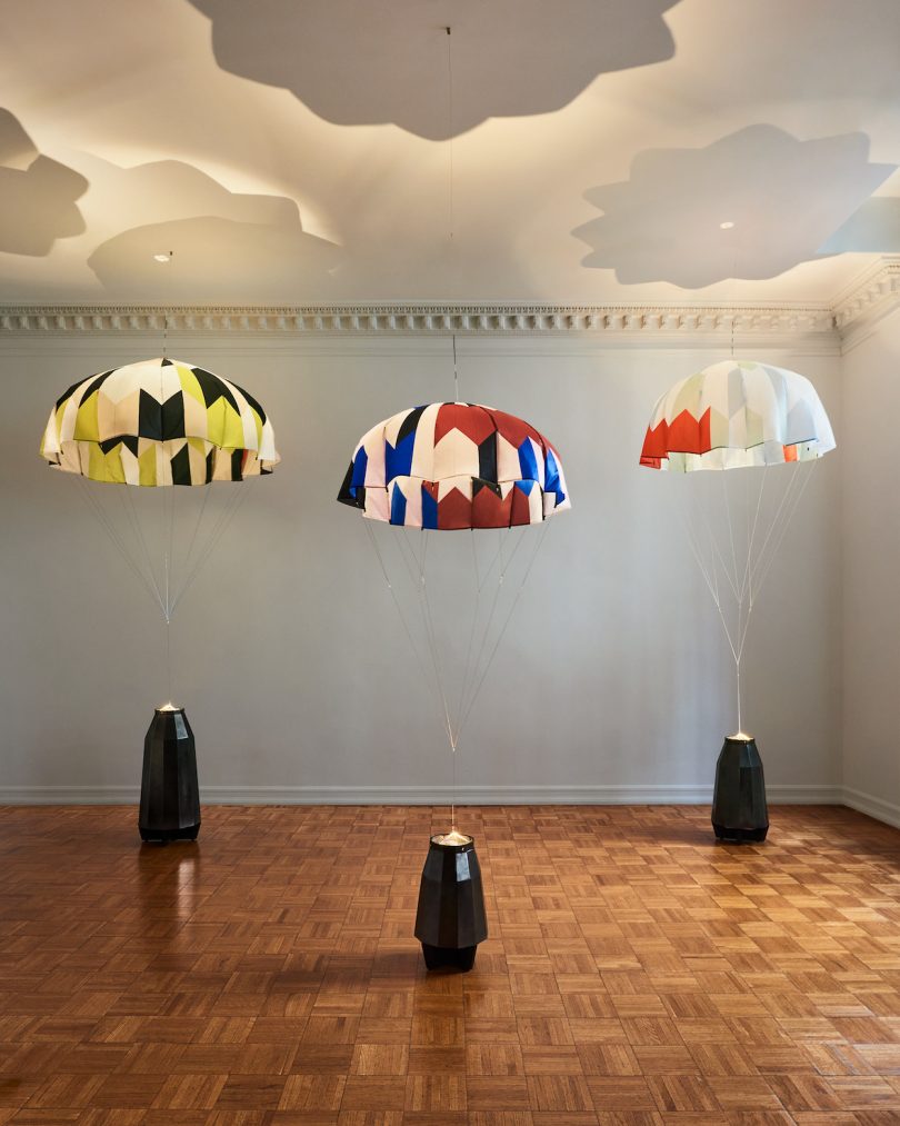 Patterning can be found in three of the parachutes on display