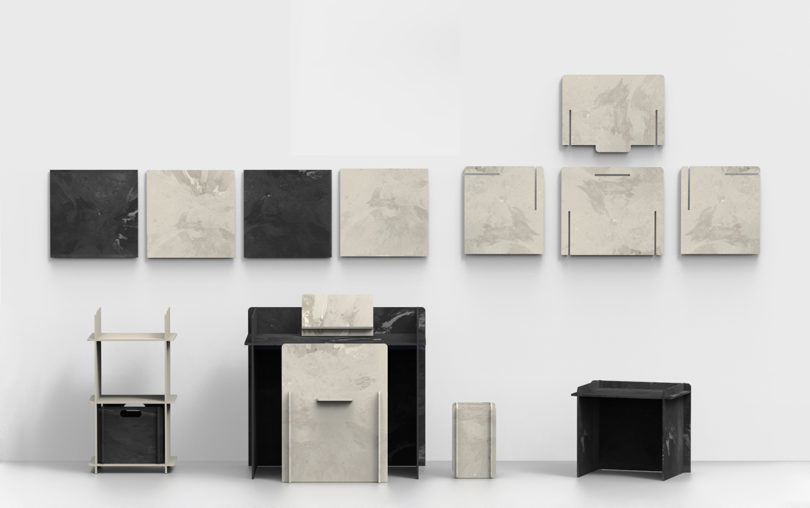 small pieces of rudimentary furniture constructed from marble-like material